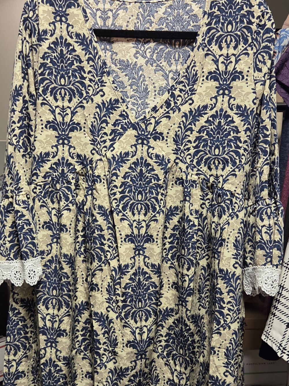 Blue and Cream Damask Lace-Trim Tunic